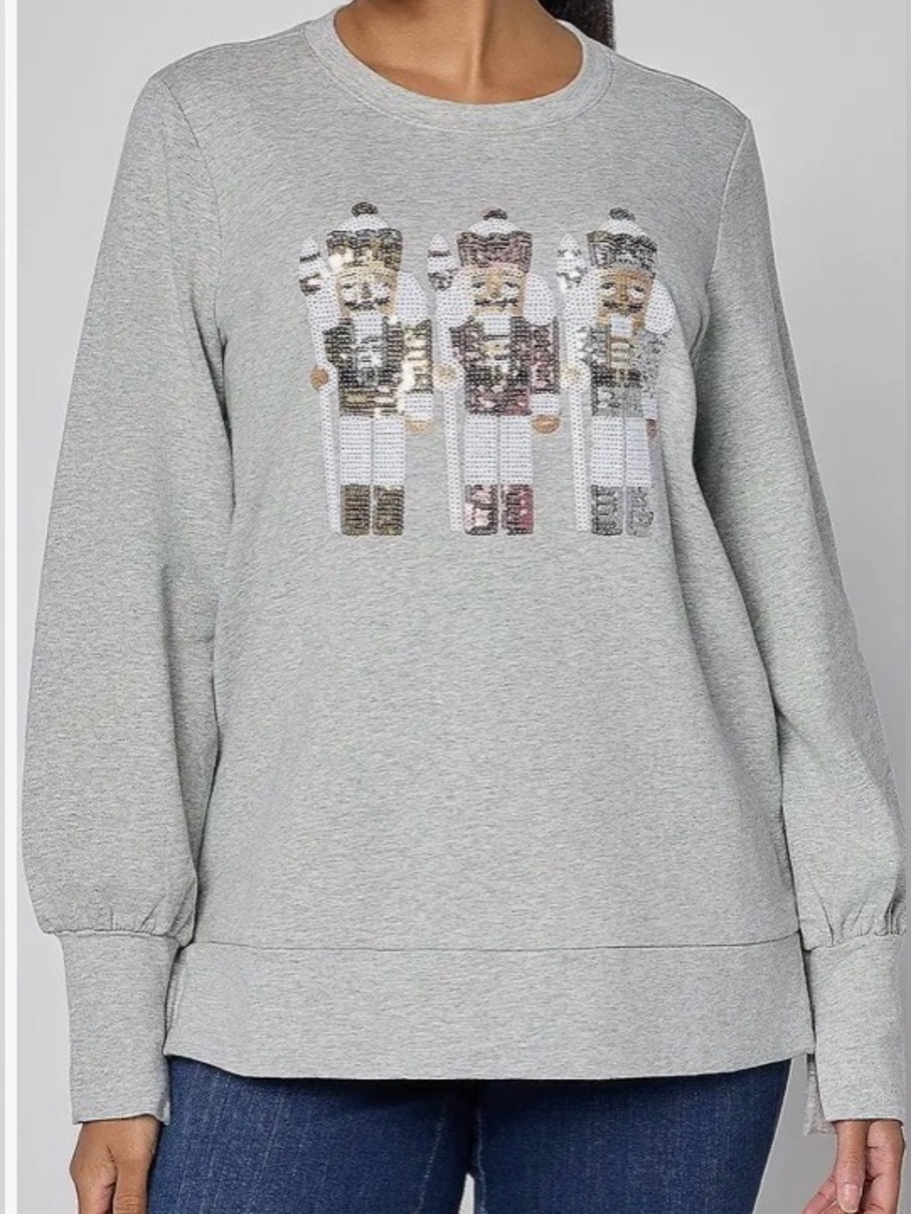 New Jingle Belles by Kim Gravel Sequin Nutcracker Knit Top Heather Grey Medium